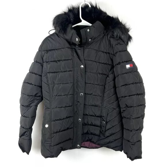 Tommy Hilfiger Women's Faux Fur Black Hooded Coat Size Large